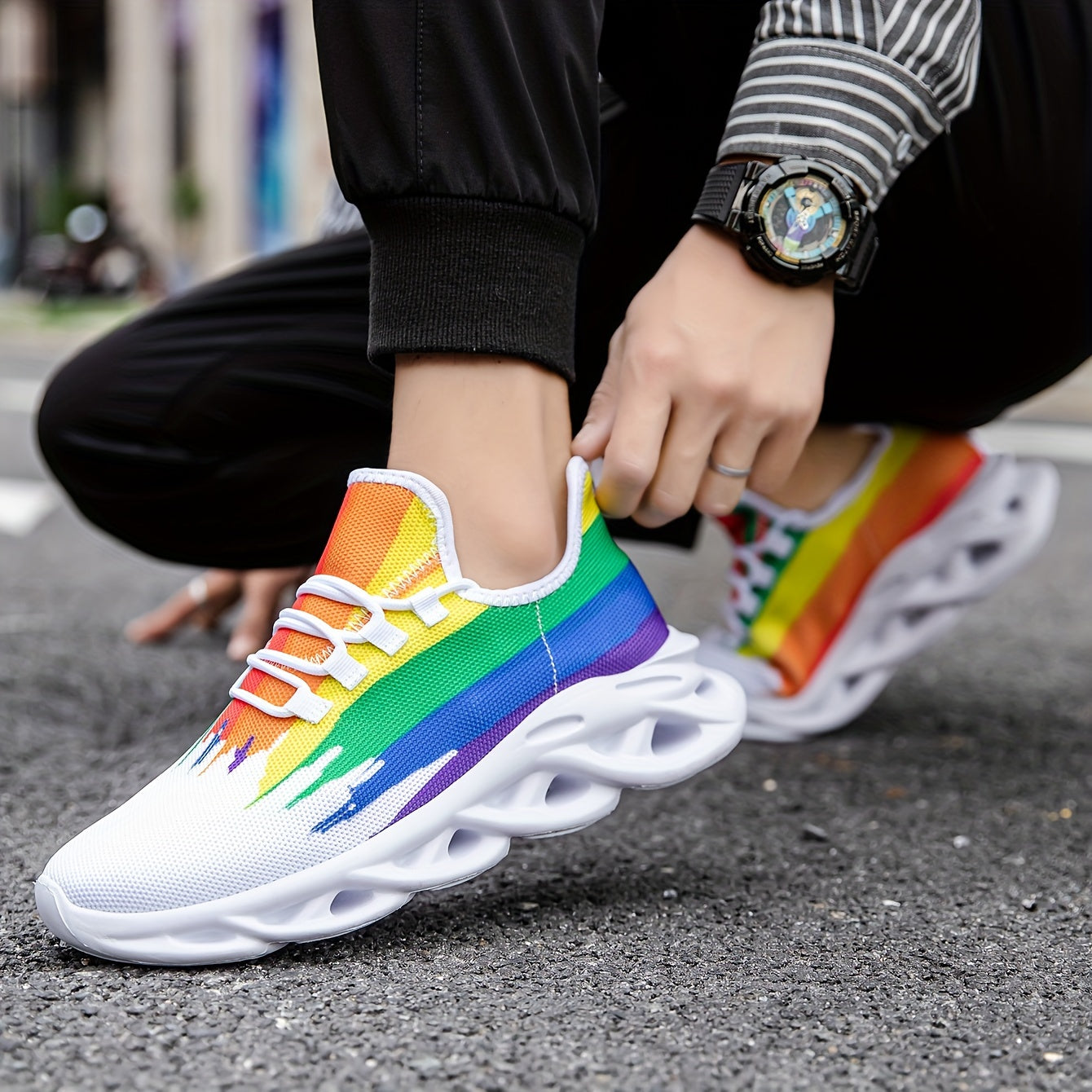 Men's Slip-on Blade Sneakers With Shoelaces - Rainbow Color Odor-resistant Athletic Shoes - Lightweight And Breathable